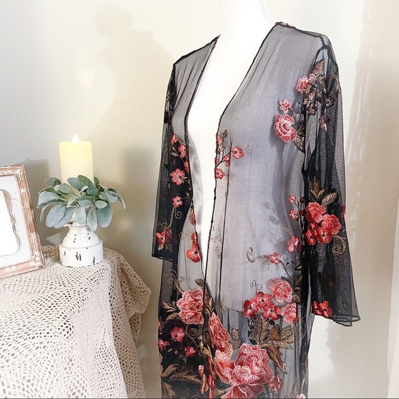 Band of Gypsies Sunset Sheer Embroidered Kimono In Black/ Rose - Picture 9 of 16